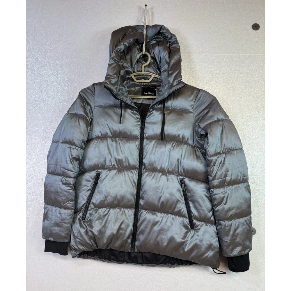 Sam Edelman Women's Puffer Jacket Sz M‎ Quilted Hooded Gray Silver Full Zip